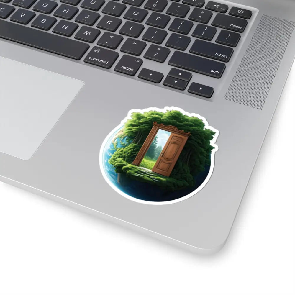 Kiss-Cut Sticker featuring a door to a forest on a small planet from PixiOnyx Surreal Gateway Series