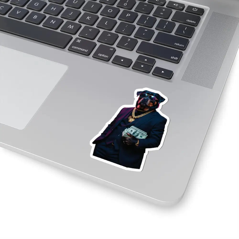 Laptop sticker of a dog in a suit holding money from Kiss-Cut Sticker Kingpin K9 PixiOnyx Authority Series