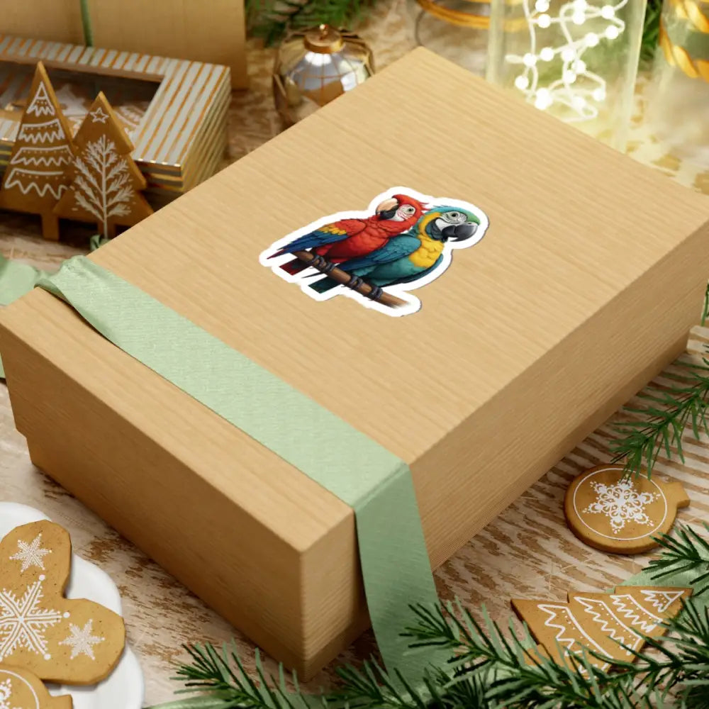 Gift box with Macaw Legends Cameo parrot sticker from PixiOnyx Tropical Icon Series