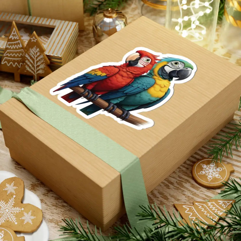 Gift box with Macaw Legends Cameo Parrot sticker from PixiOnyx Tropical Icon Series