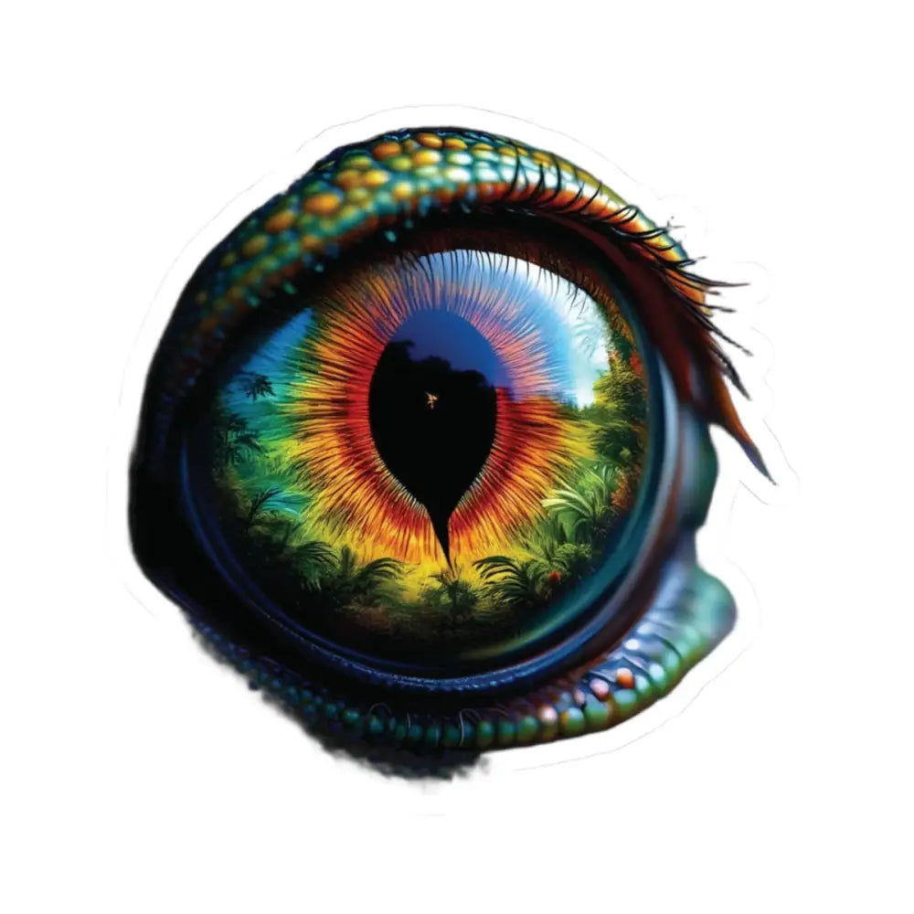 Reptilian eye reflecting a lush jungle on PixiOnyx Chromatic Gaze Series kiss-cut sticker
