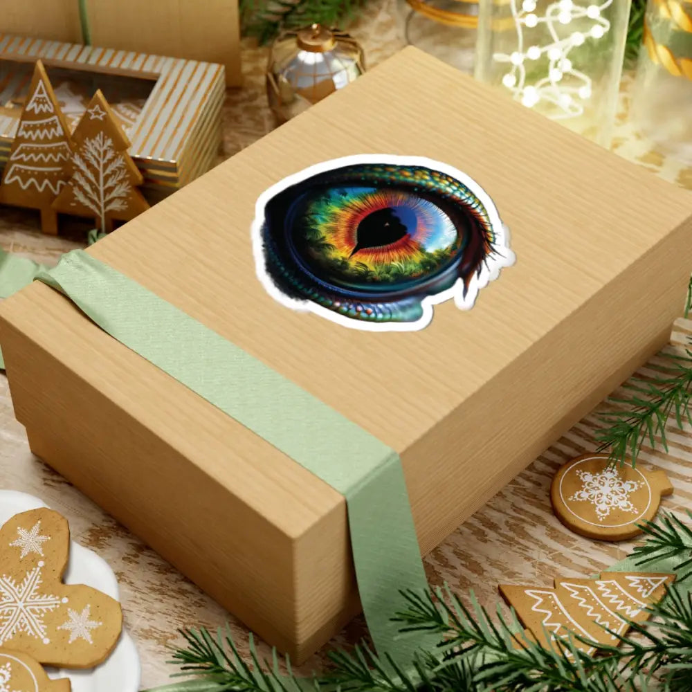 Gift box with colorful mirrored reptile eye sticker from PixiOnyx Chromatic Gaze Series
