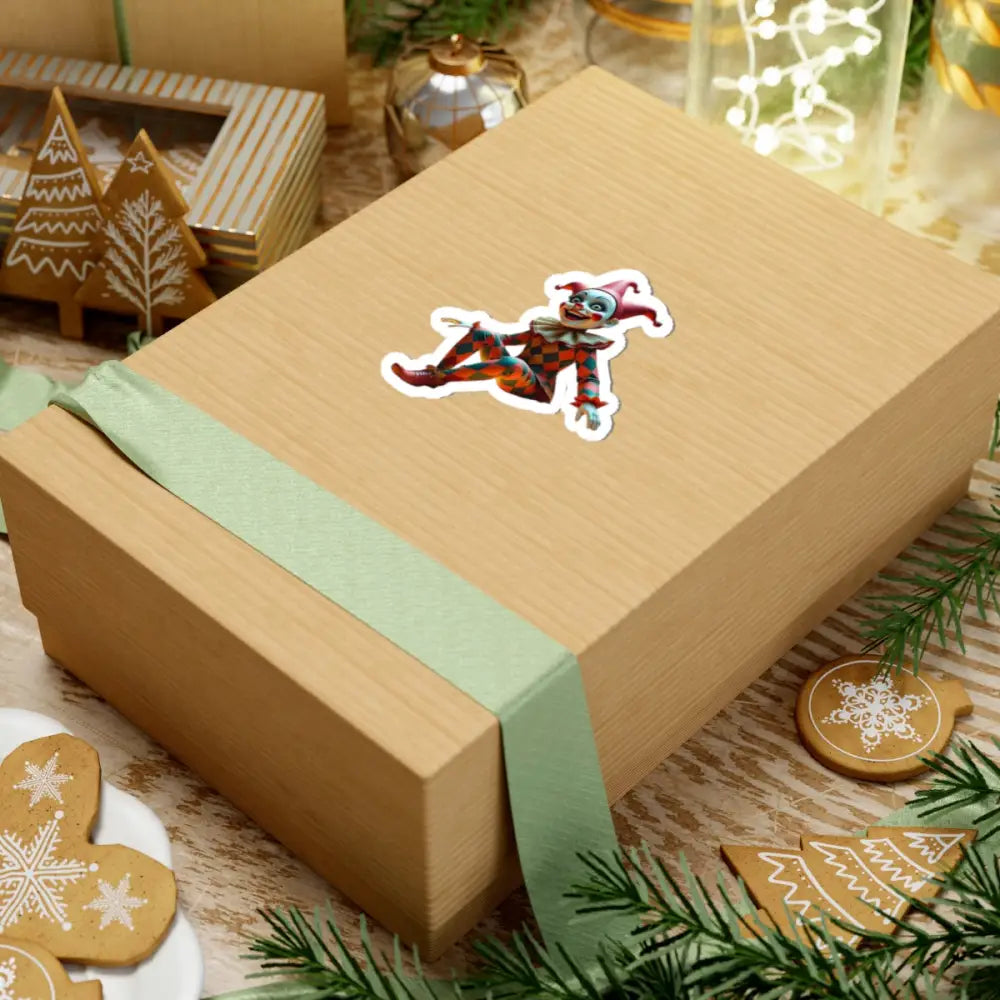Gift box with whimsical jester sticker from PixiOnyx Absurdist Circus Series