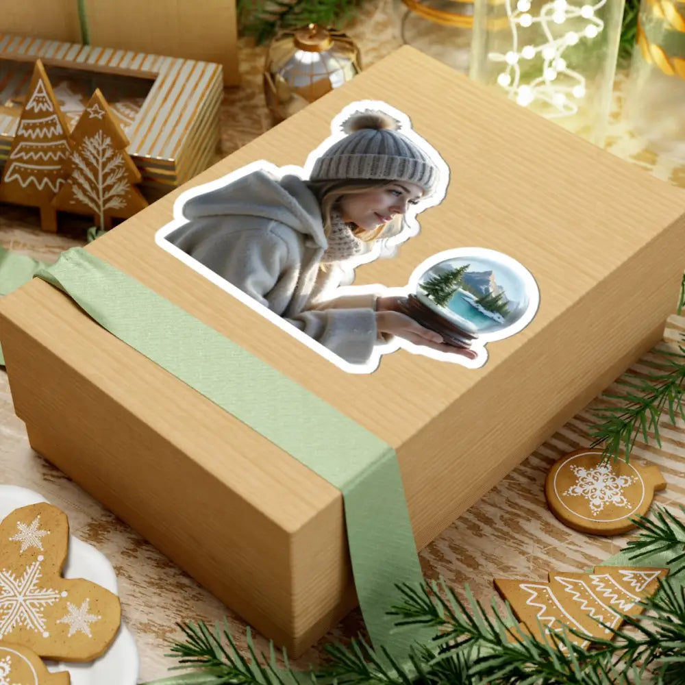 Tan gift box with green ribbon from Kiss-Cut Sticker Winter Wonder PixiOnyx Snow Globe Whimsy Series