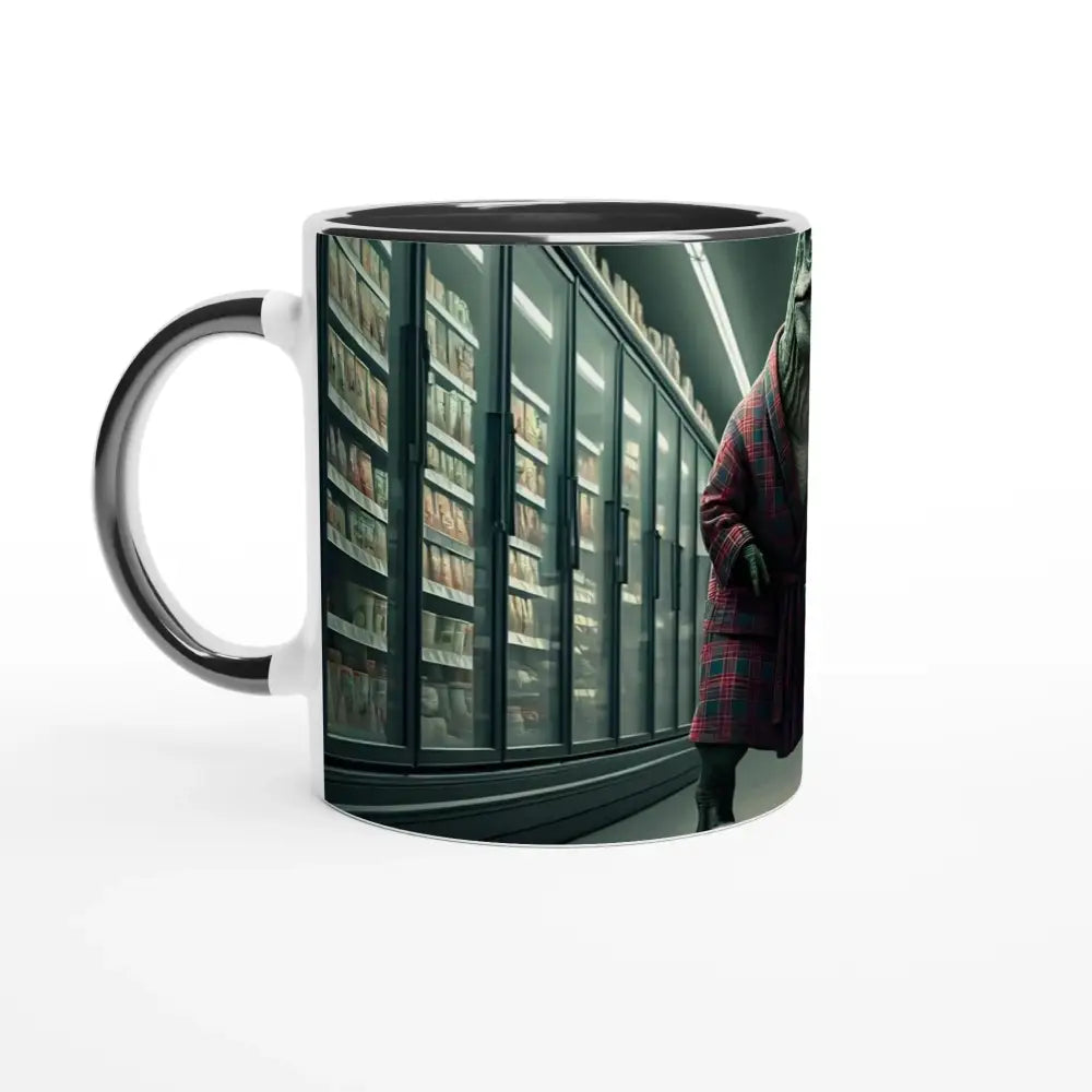 Mug with dinosaur in a robe at grocery store from PixiOnyx Dino Loungeware featuring colorful interior
