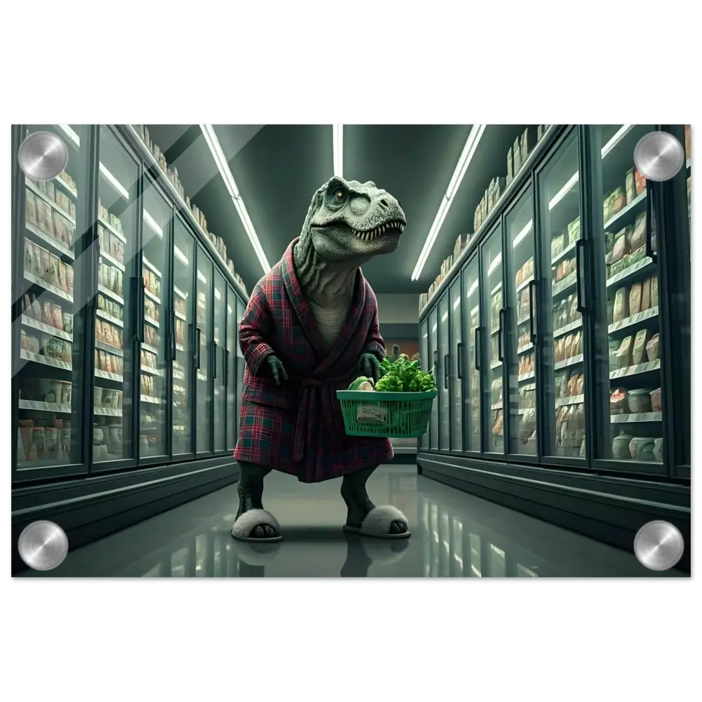 Dinosaur wearing a robe holding a grocery basket illustrated on PixiOnyx wall art
