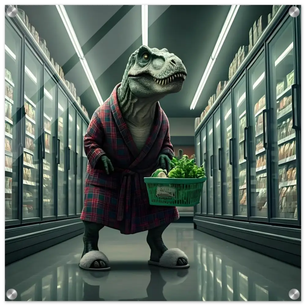 Dinosaur wearing a robe shopping late at night depicted in PixiOnyx Wall Print