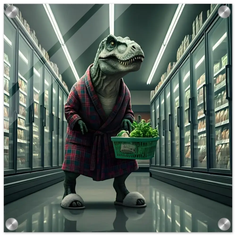 Dinosaur in robe shopping at grocery store acrylic wall print for absurdist decor