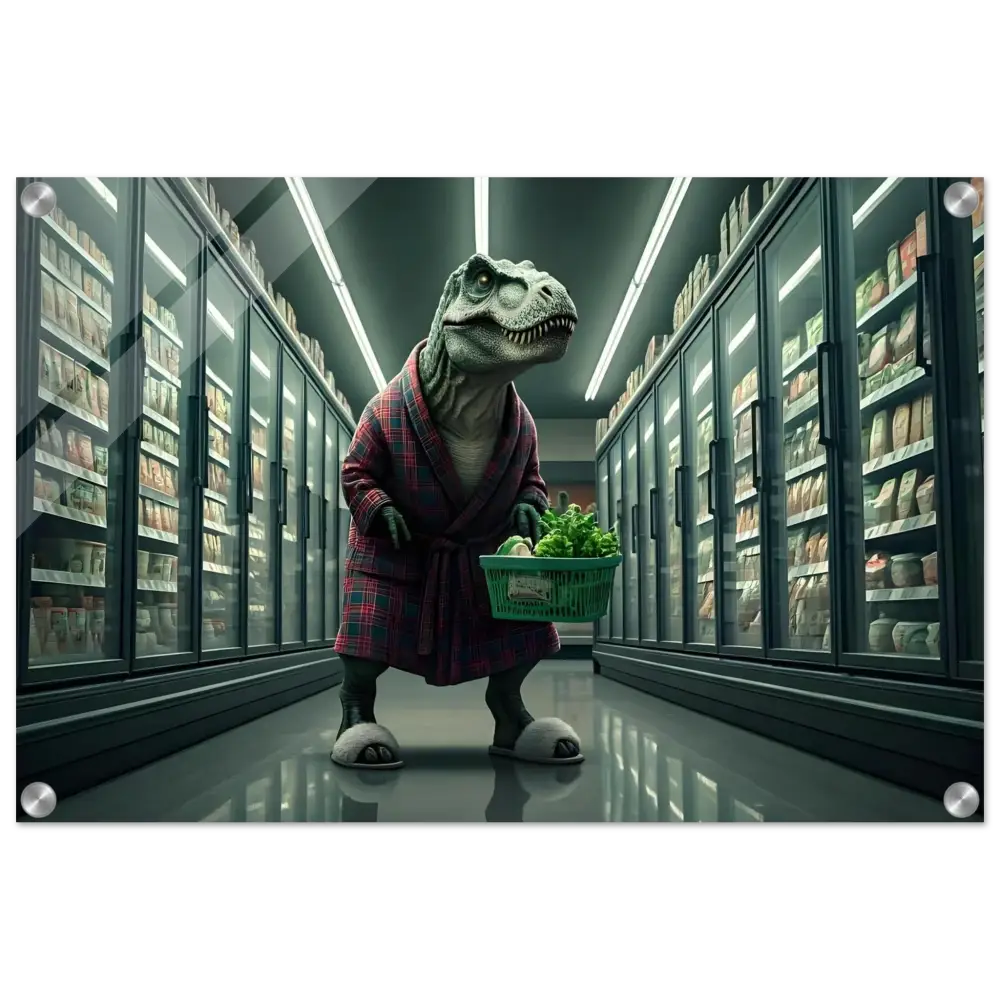 Dinosaur in robe shopping for greens displayed on Late-Night Grocery Rex Acrylic Wall Print