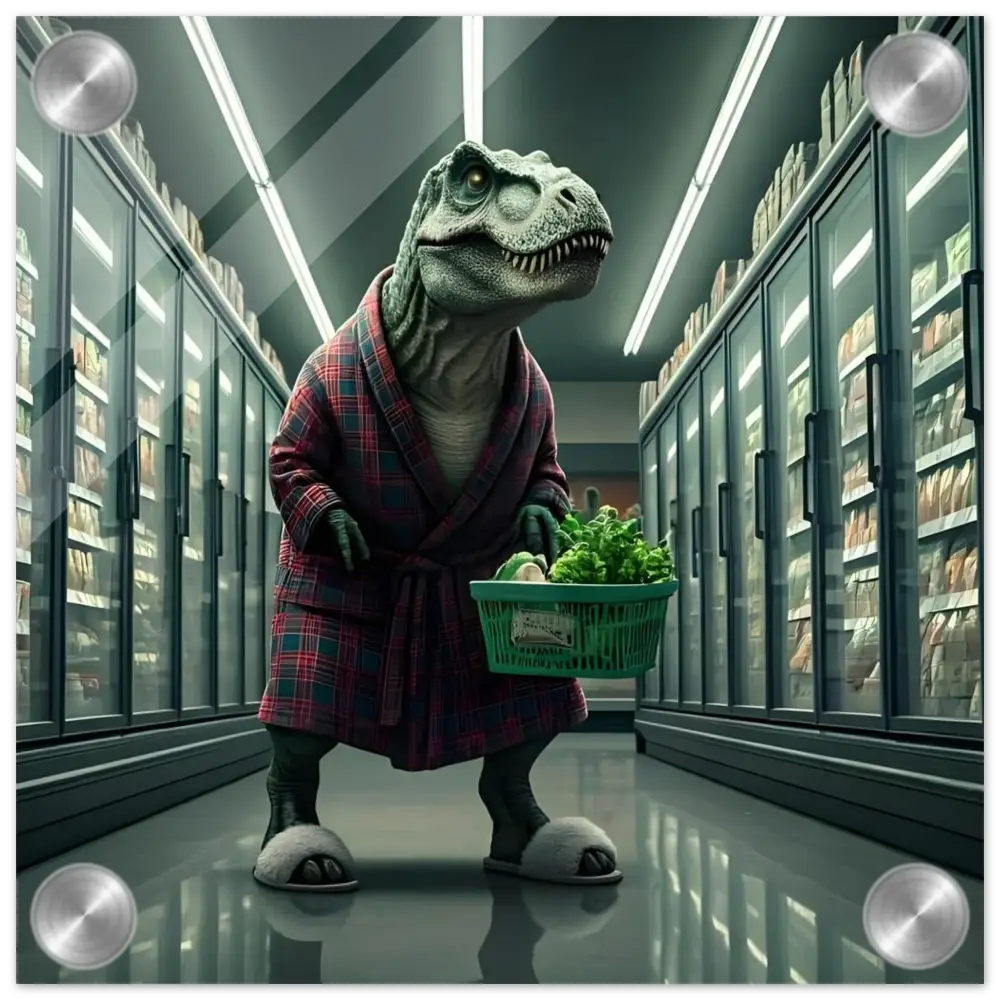 Dinosaur in robe holding groceries for Late-Night Grocery Rex acrylic wall print