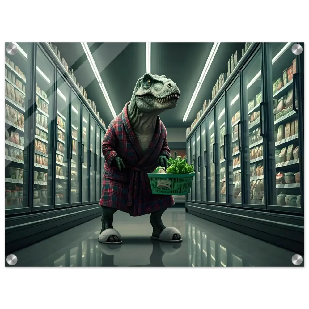 Dinosaur in robe with shopping basket wall art for absurdist decor in high gloss finish