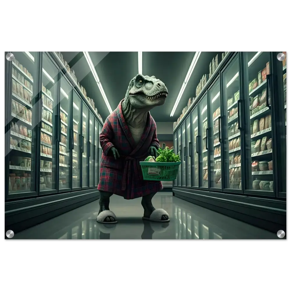 Dinosaur wearing a robe holding a shopping basket for Late-Night Grocery Rex wall art