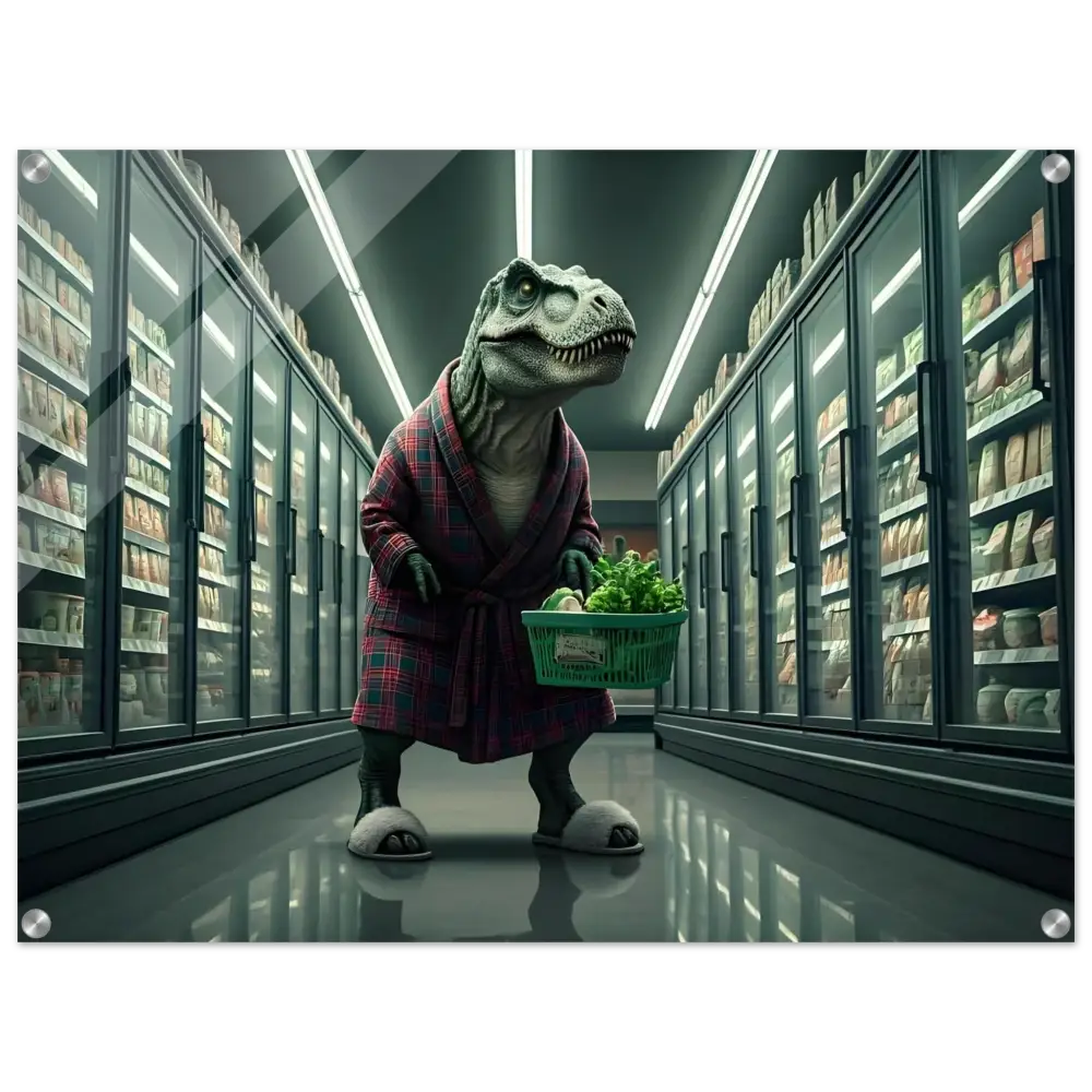 Dinosaur in robe shopping at night for groceries depicted in PixiOnyx Wall Print