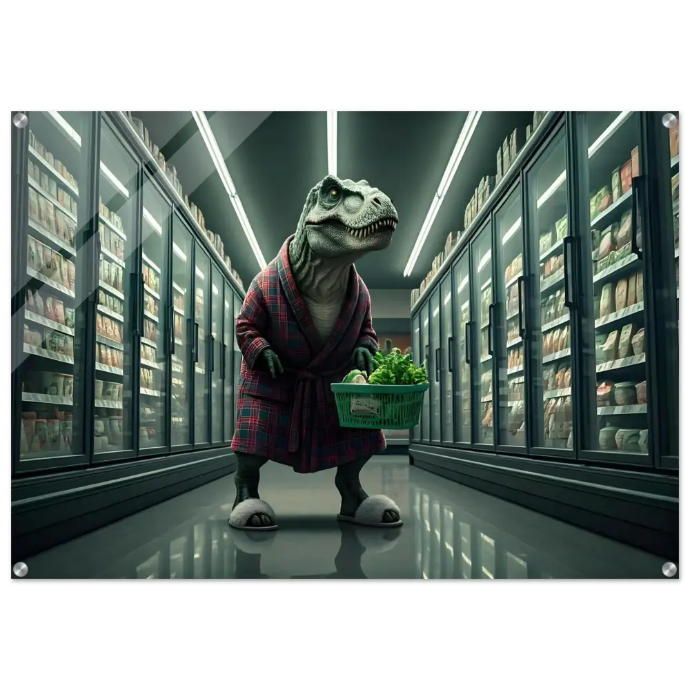 Dinosaur shopping in a robe for the Late-Night Grocery Rex Acrylic Wall Print by PixiOnyx