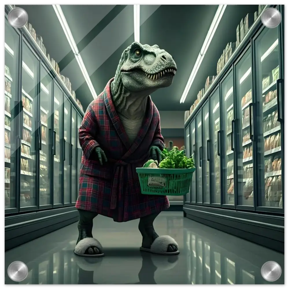 Dinosaur in robe carrying groceries acrylic wall print for absurdist decor