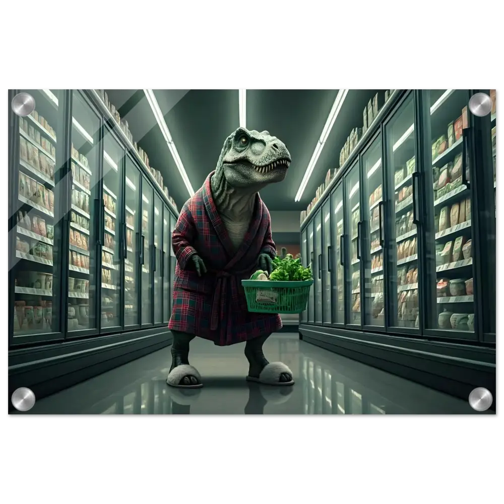 Dinosaur shopping in a robe for grocery night acrylic wall print PixiOnyx decor