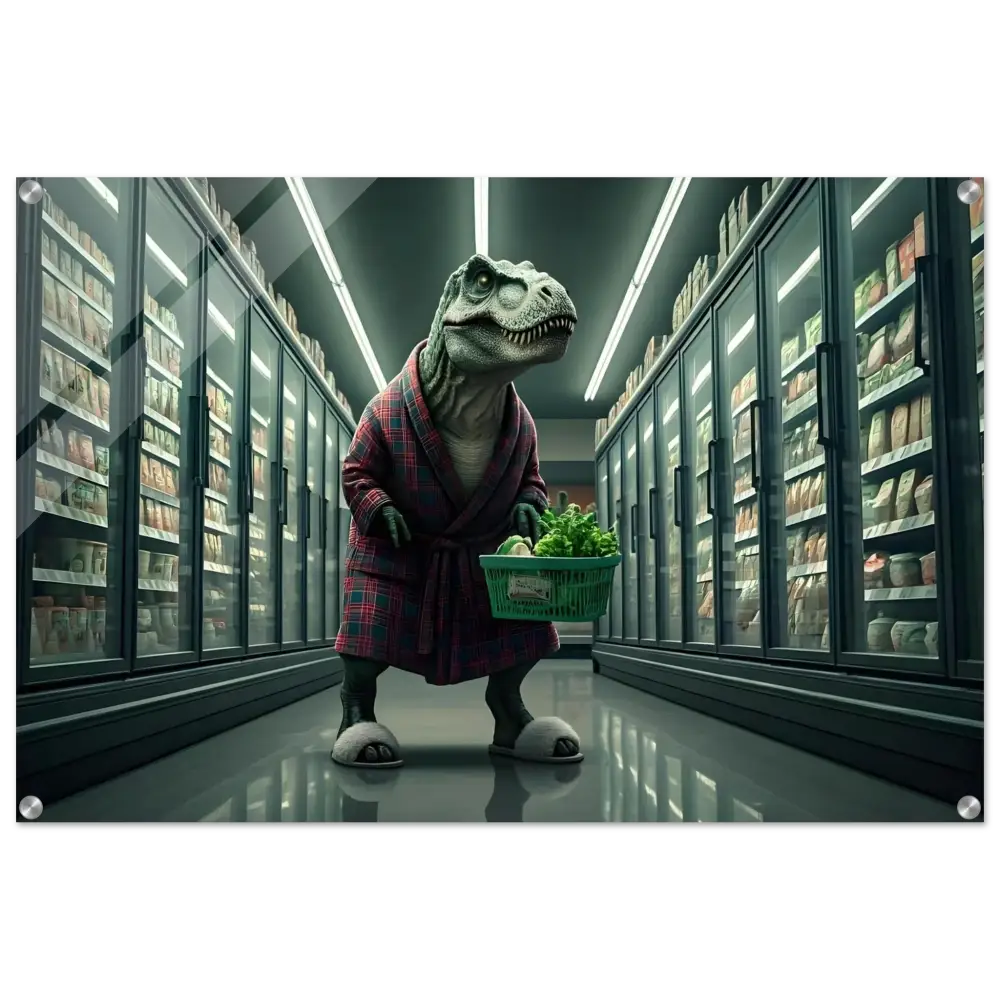 Dinosaur in robe shopping for groceries displayed as a high-gloss acrylic wall art