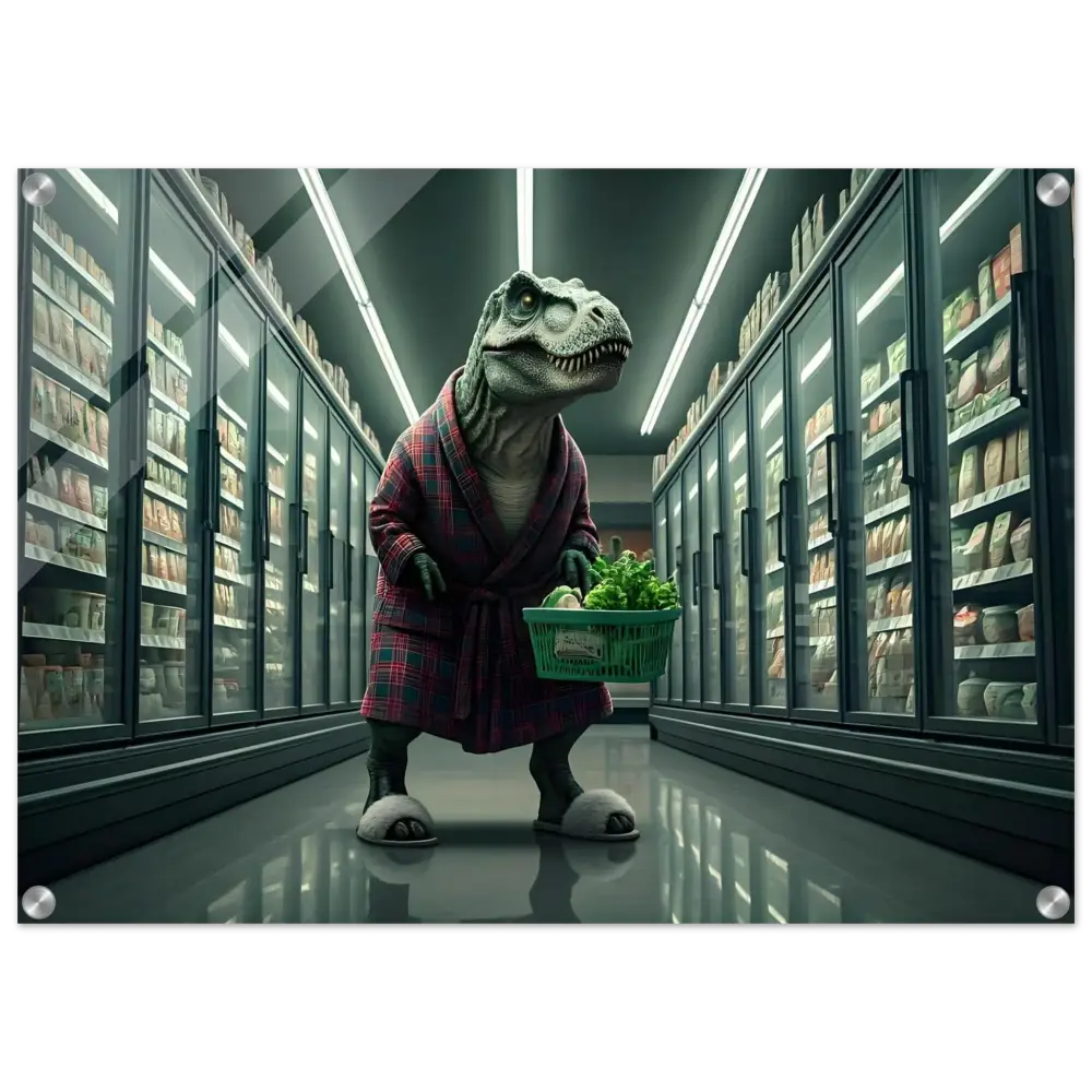 Dinosaur in robe shopping at night for groceries illustrated on acrylic wall art