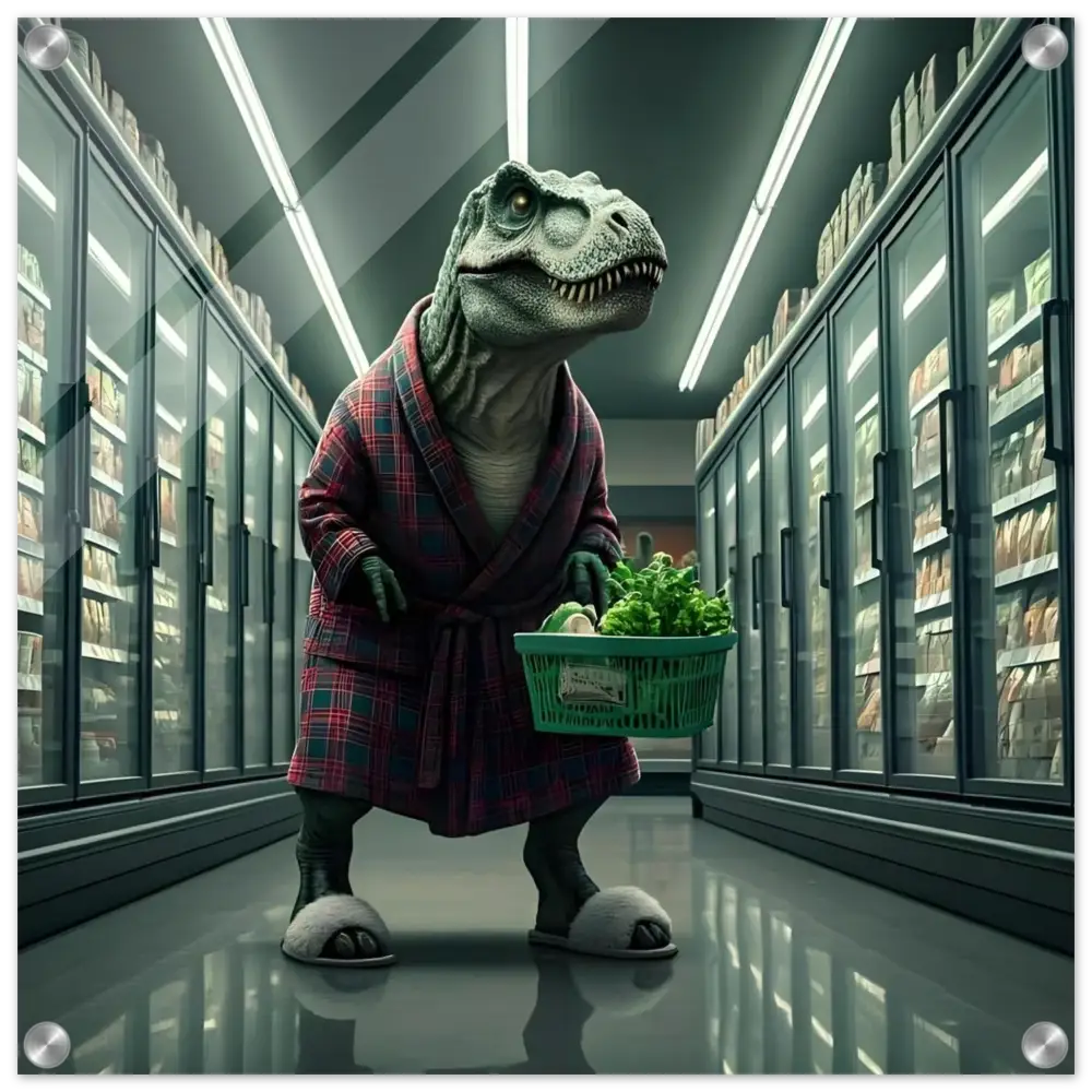 Dinosaur wearing a robe holding groceries for Late-Night Grocery Rex acrylic wall print