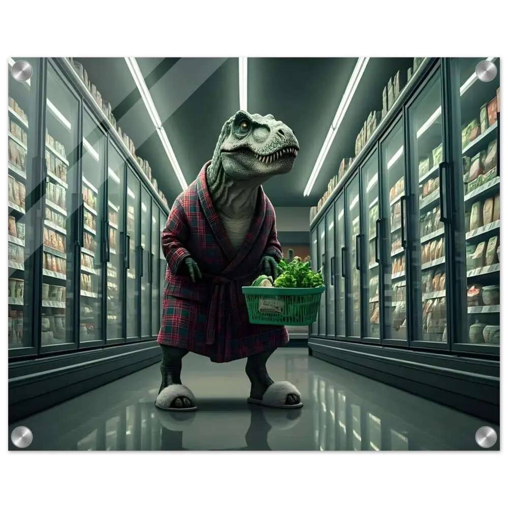 Dinosaur in robe carrying groceries acrylic wall print for absurdist decor
