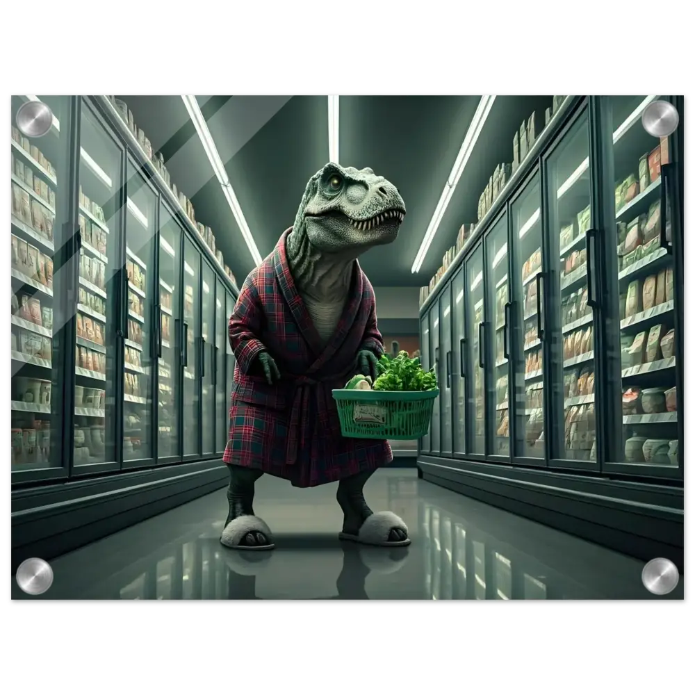 Dinosaur in robe shopping for groceries displayed on PixiOnyx high-gloss acrylic wall print
