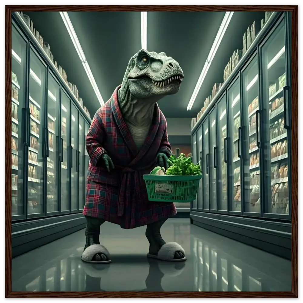 Dinosaur in robe holding groceries for Late-Night Grocery Rex Framed Poster Print