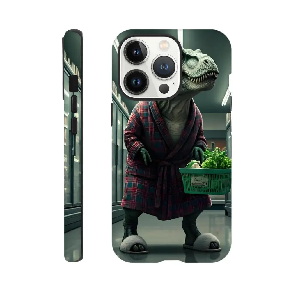 Dinosaur in a robe on the Late-Night Grocery Rex iPhone Tough Case by PixiOnyx