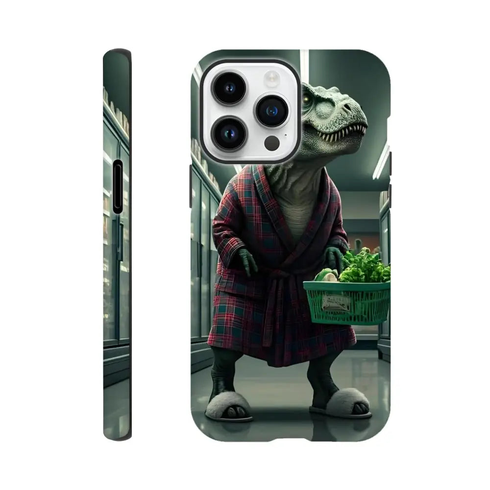 Phone case featuring a dinosaur in a robe for the Late-Night Grocery Rex iPhone Tough Case by PixiOnyx