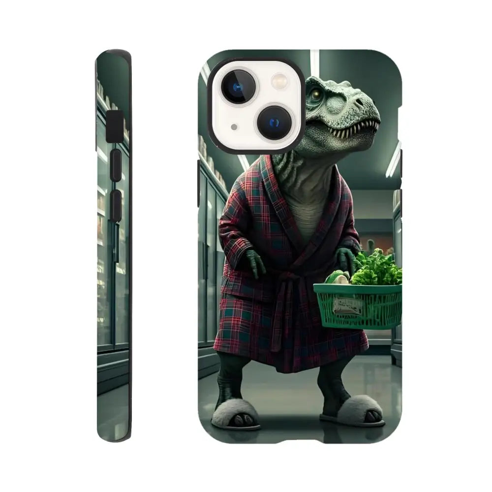 Dinosaur in a robe on prehistoric-themed iPhone tough case by PixiOnyx