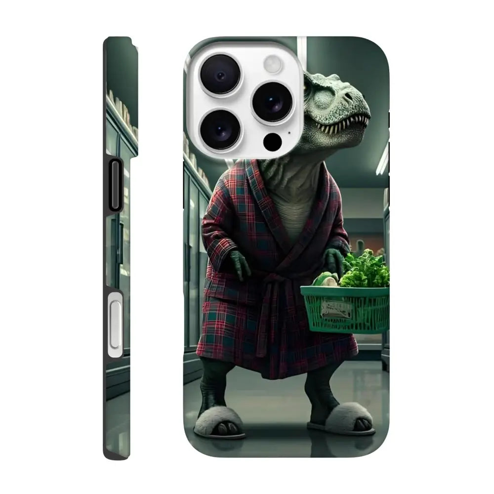 Dinosaur in robe phone case for iPhone featuring Late-Night Grocery Rex design