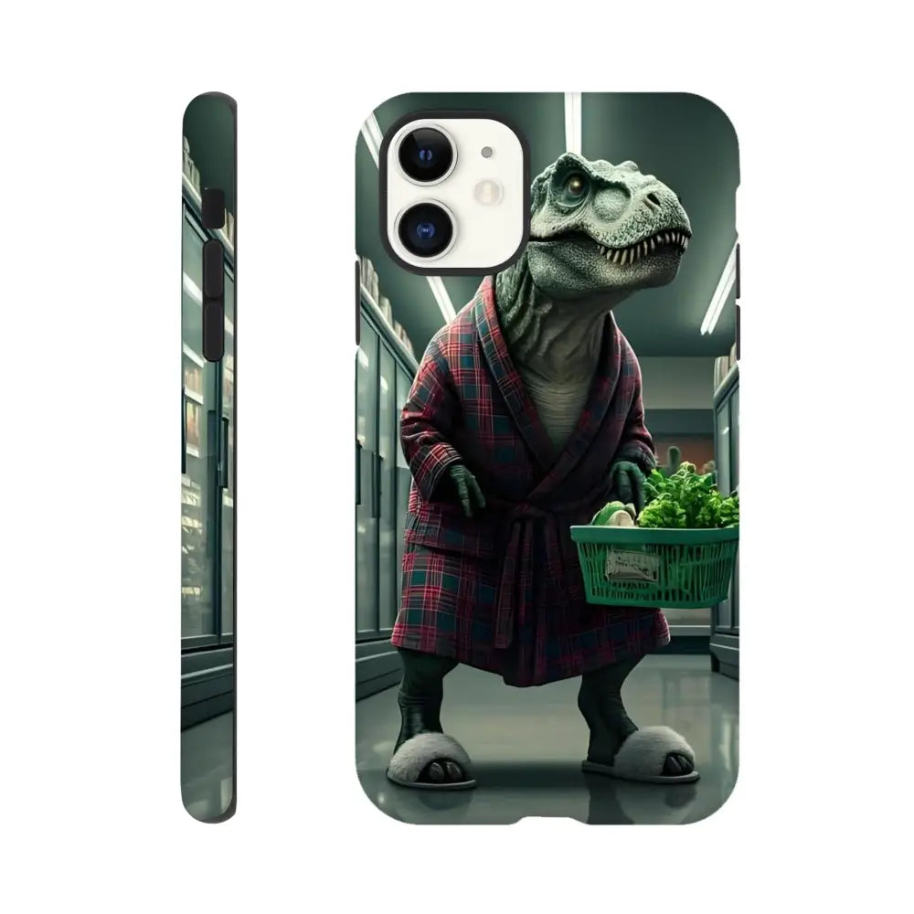 Dinosaur wearing a robe holding a phone, featured on the Late-Night Grocery Rex iPhone Tough Case