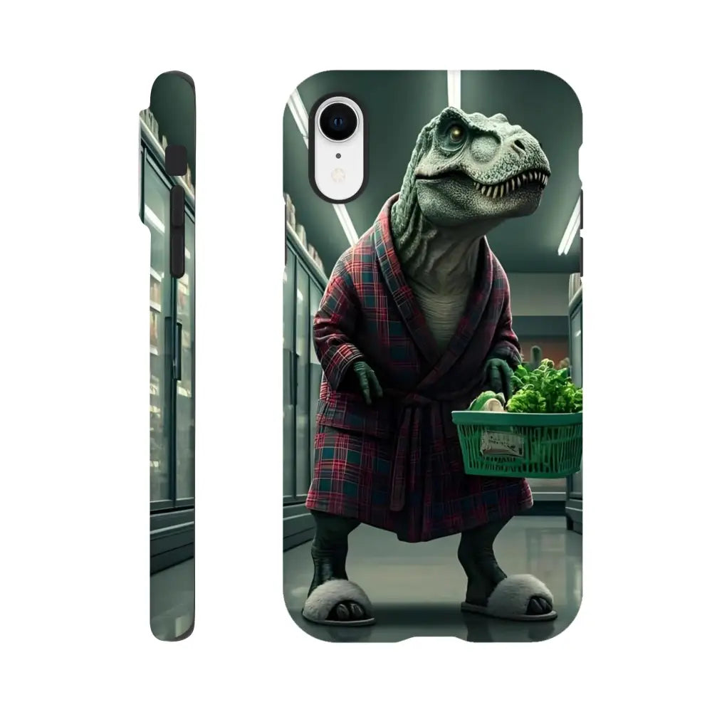 Dinosaur in robe phone case for iPhone from PixiOnyx featuring prehistoric Rex design