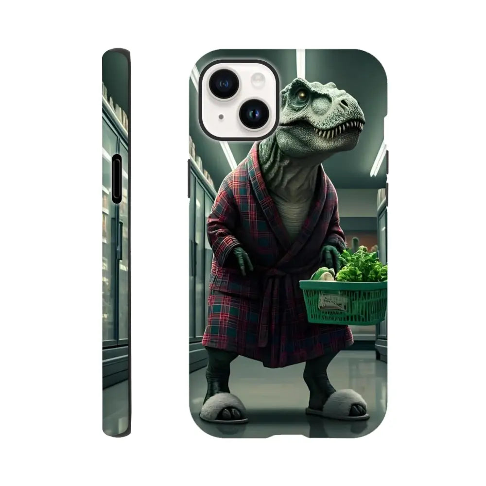 Dinosaur in robe phone case for iPhone showcasing prehistoric style and protection
