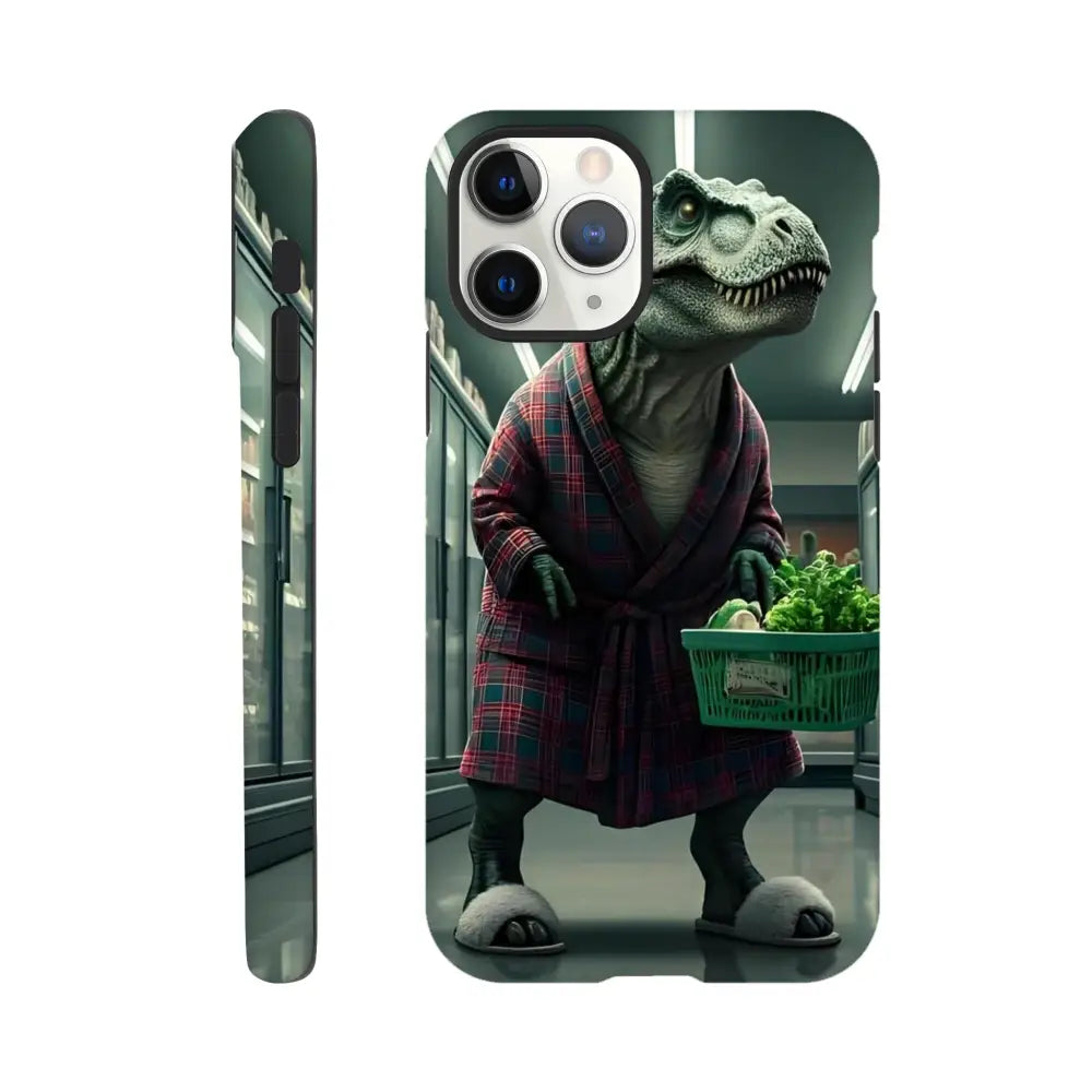 Phone case featuring a dinosaur in a robe from Late-Night Grocery Rex iPhone Tough Case by PixiOnyx