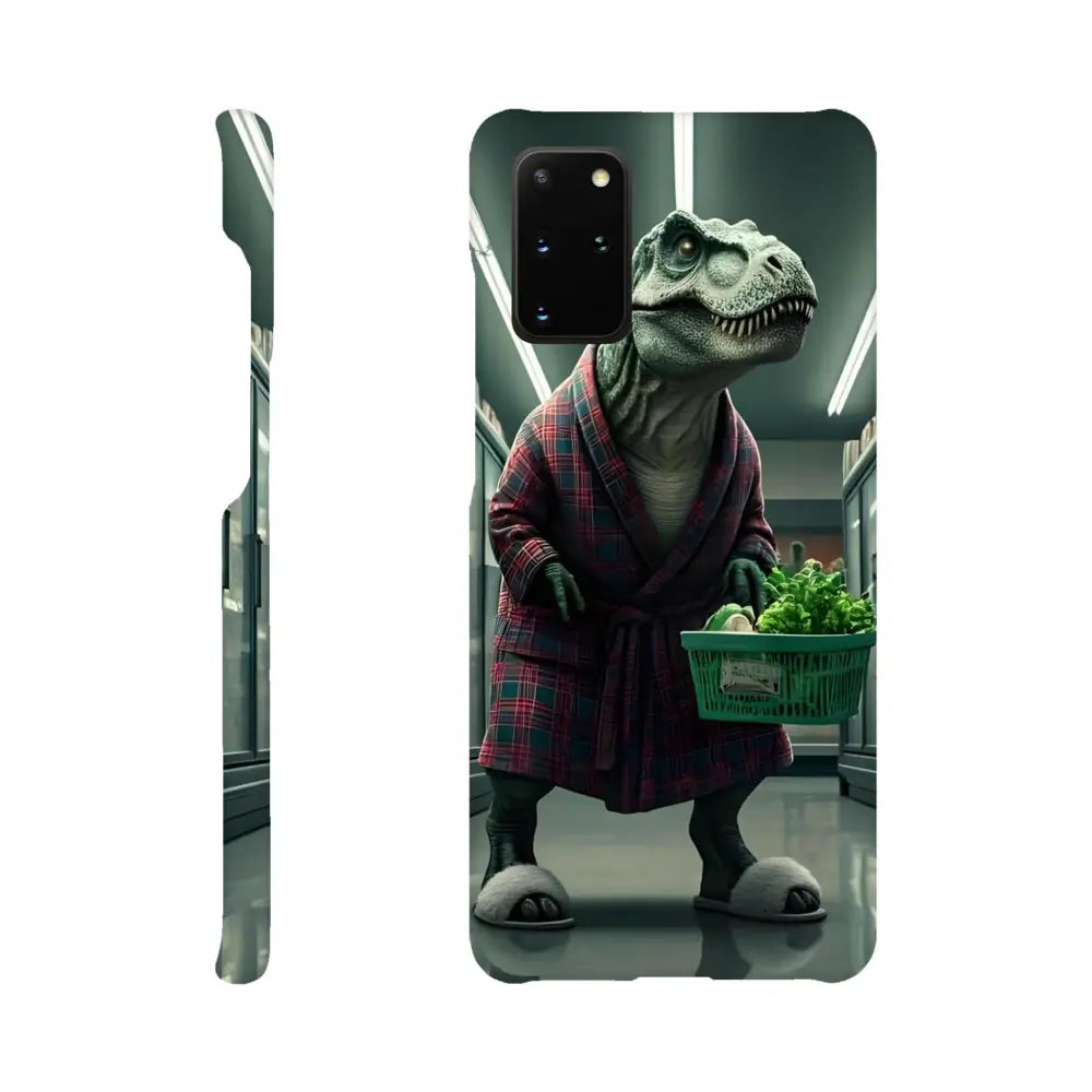 Phone case featuring a dinosaur in a robe from Late-Night Grocery Rex Samsung Slim Case PixiOnyx Comedy Creature Cover