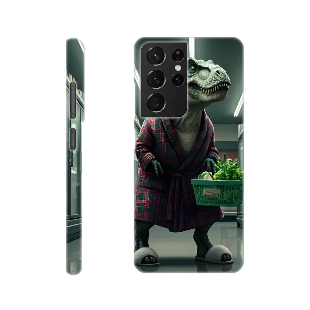 Phone case featuring a dinosaur in a robe from PixiOnyx Late-Night Grocery Rex collection
