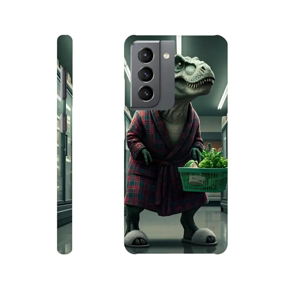 Phone case featuring a dinosaur in a robe for Samsung devices from PixiOnyx Comedy Creature Cover