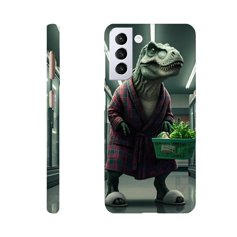 Phone case featuring a dinosaur in a robe from PixiOnyx Late-Night Grocery Rex series