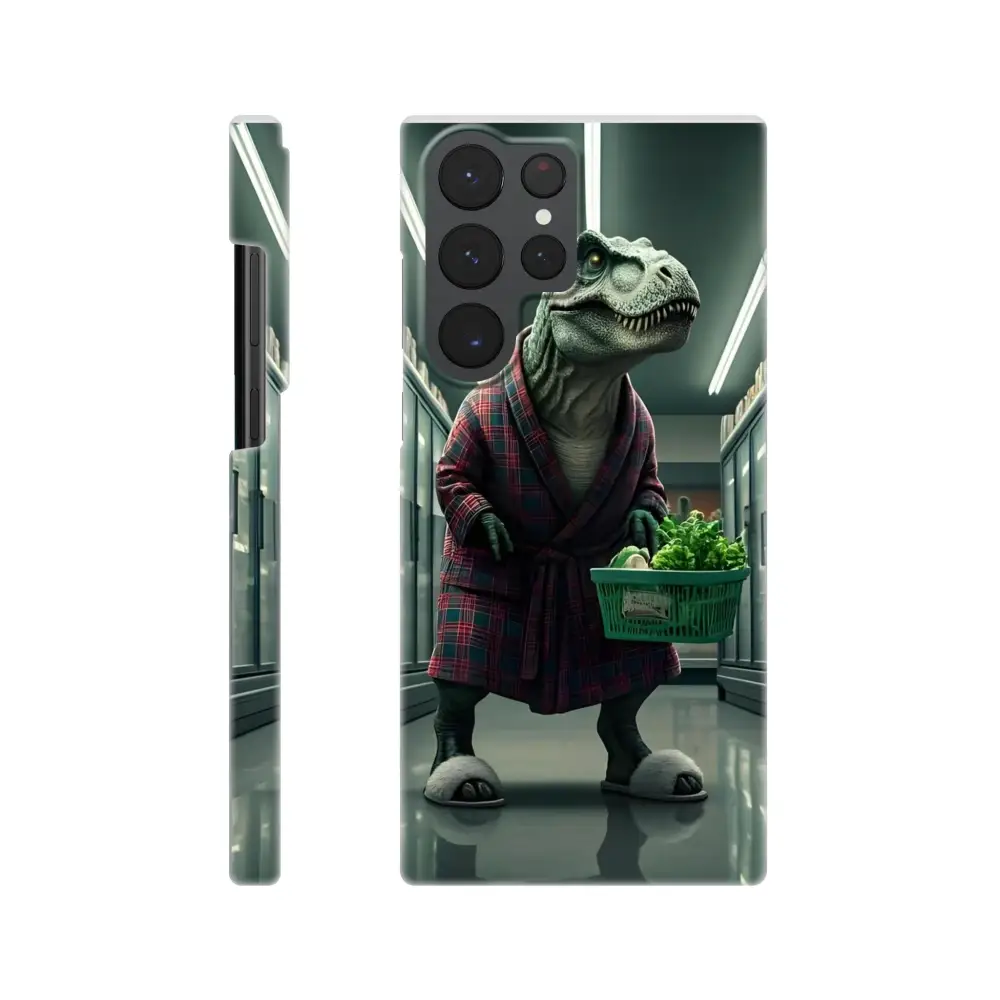 Phone case featuring a Dinosaur in robe from PixiOnyx Late-Night Grocery Rex Slim Cover