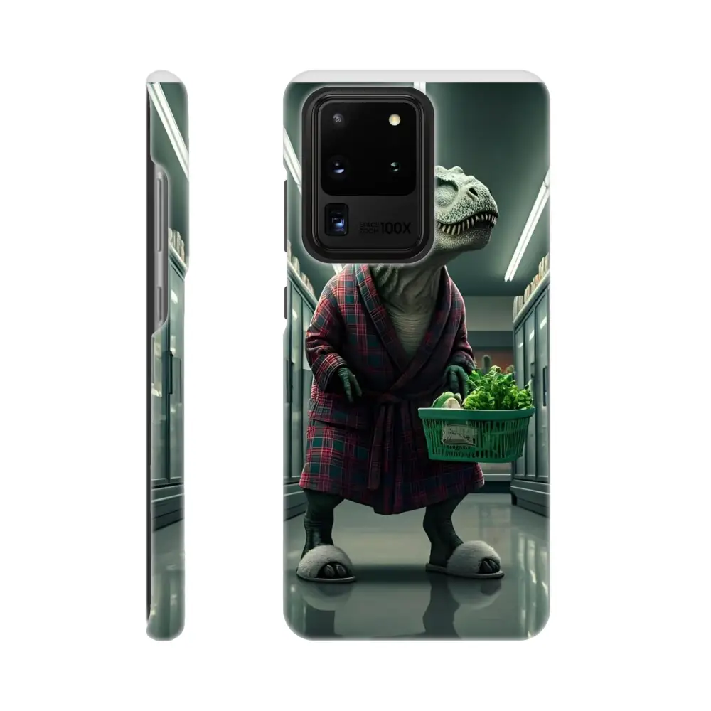 Phone case featuring a dinosaur in a robe from Late-Night Grocery Rex Samsung Slim Case PixiOnyx