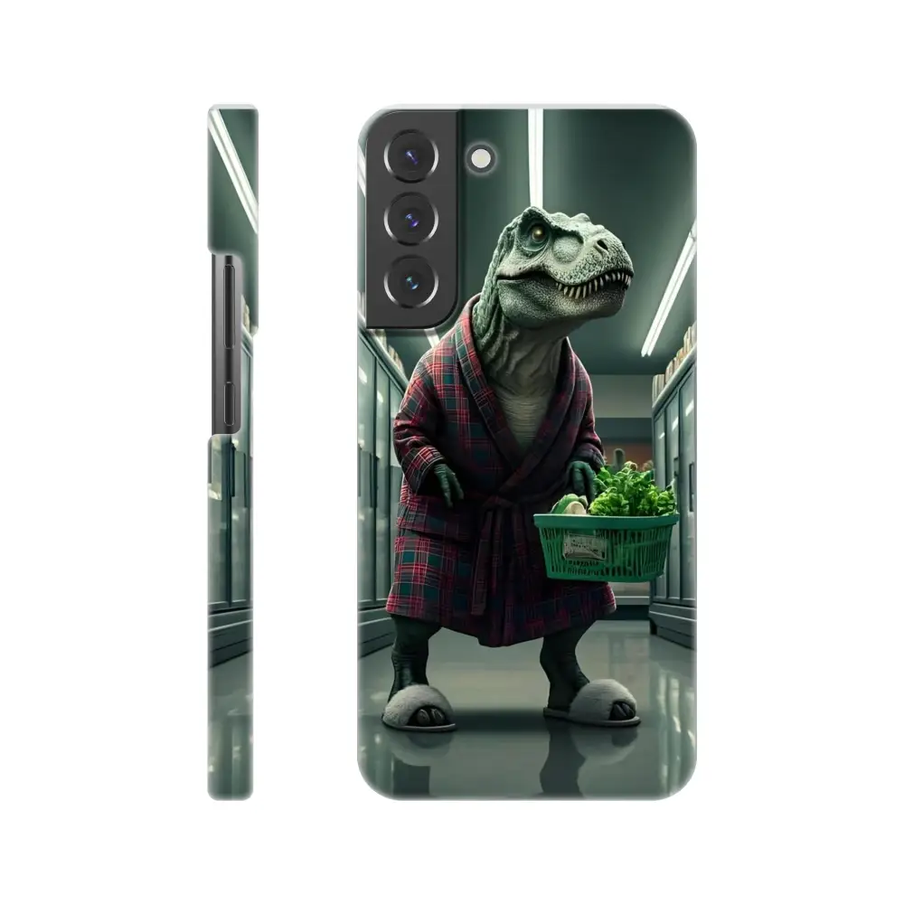 Phone case featuring a dinosaur in a robe from PixiOnyx Late-Night Grocery Rex Cover