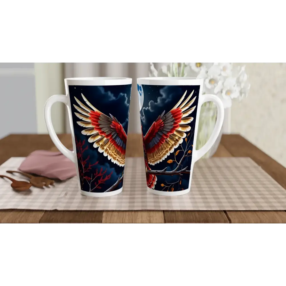 Two tall 17oz Latte Mugs with Crimson Wings Unfurled eagle wing design by PixiOnyx