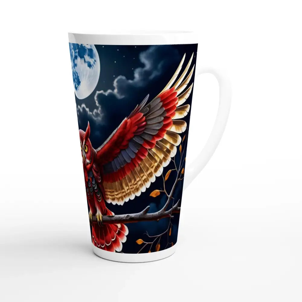 Owl-themed latte mug from PixiOnyx featuring Crimson Wings Unfurled design