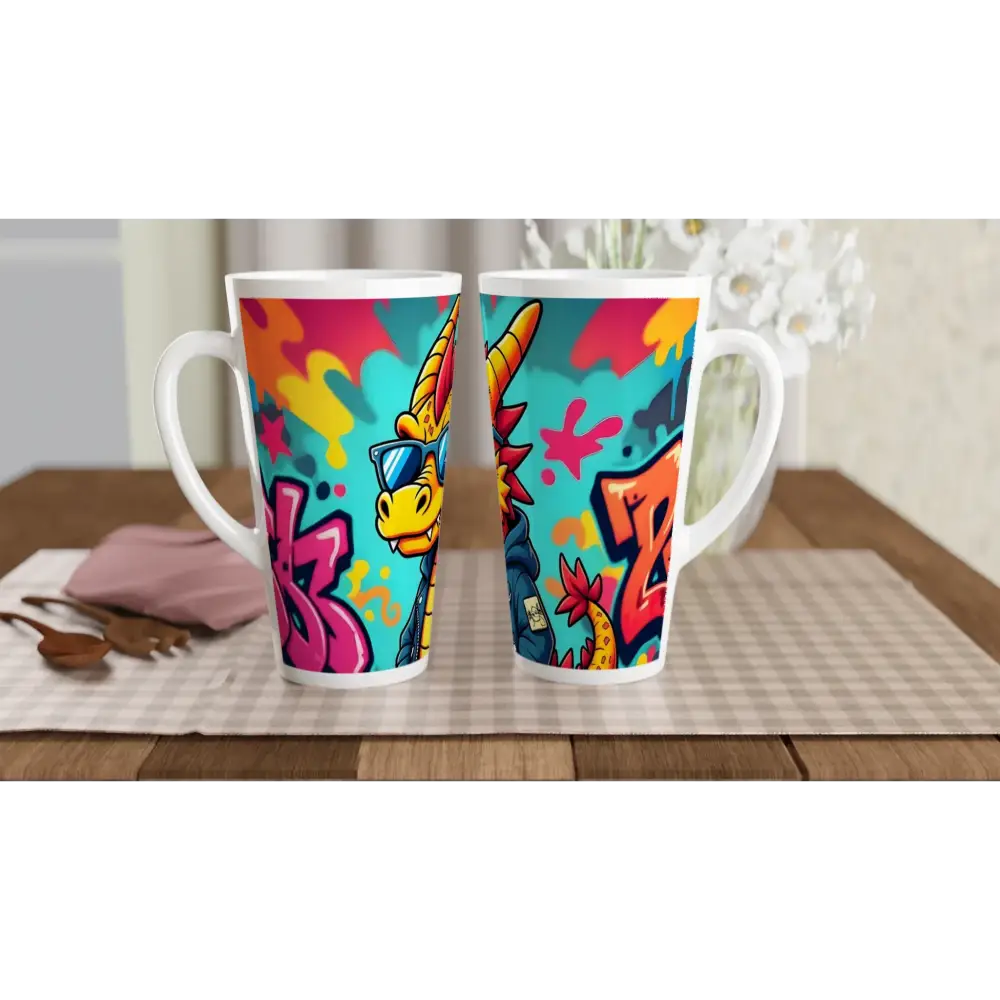 Two tall 17oz Latte Mugs featuring cartoon Dragon graffiti design from PixiOnyx Urban Sipper