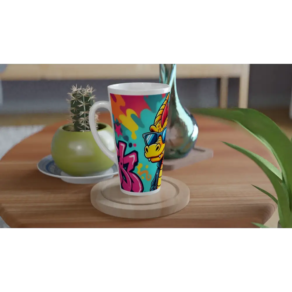 Colorful cartoon dragon latte mug from PixiOnyx Urban Sipper featuring graffiti design
