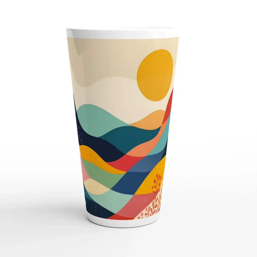 Tall latte mug with colorful mountain design from PixiOnyx Dreamscape Latte collection