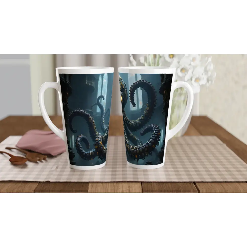 Two octopus-themed latte mugs from Latte Mug Clocktopus PixiOnyx Cathedral Horror Caffeine Chalice
