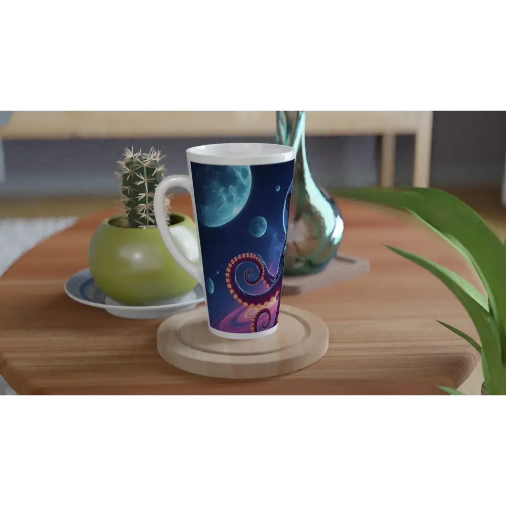 Tall mug featuring space and tentacle design from Latte Mug Space Octonaut PixiOnyx