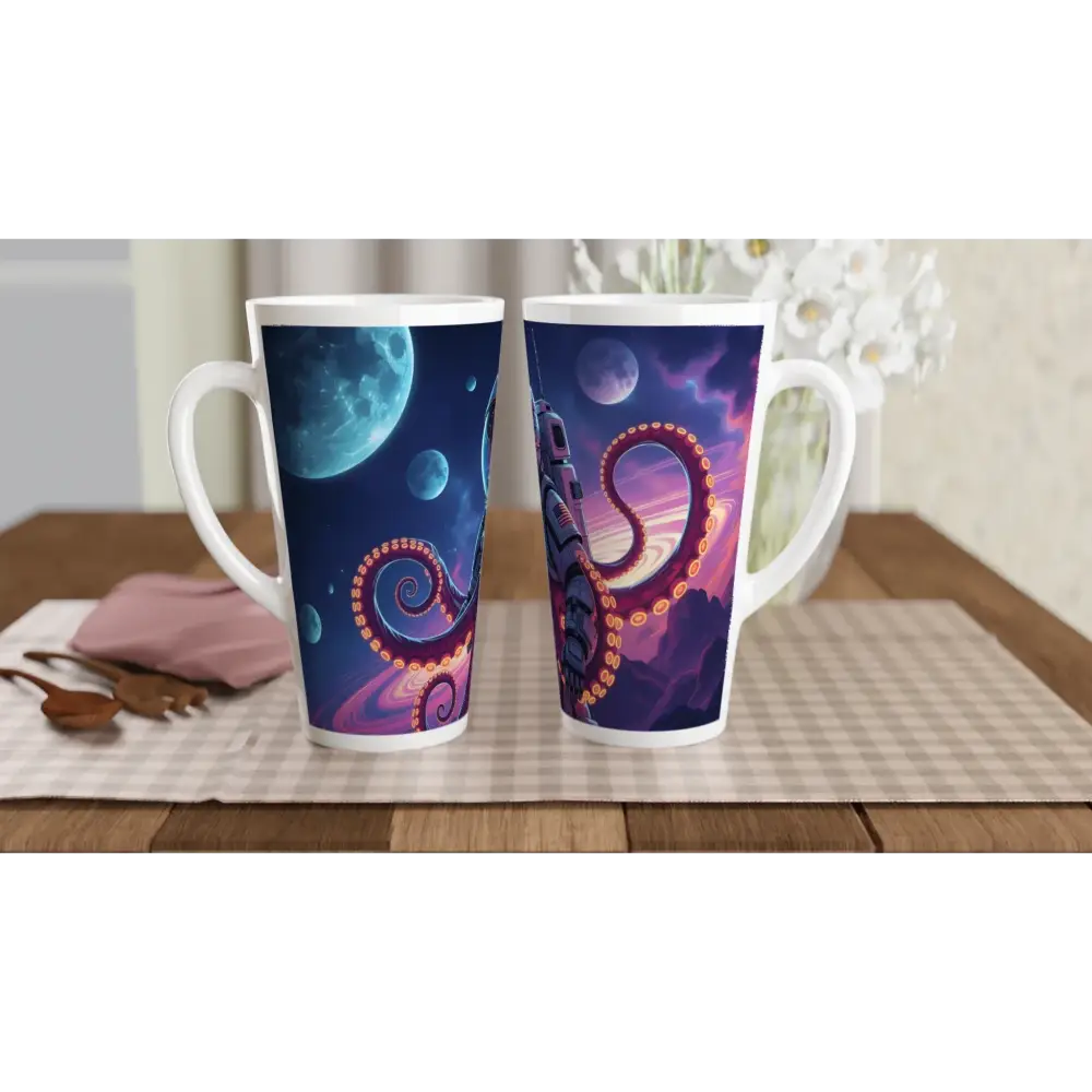 Tall latte mugs with octopus and space designs from PixiOnyx Surreal Spiral Fueler