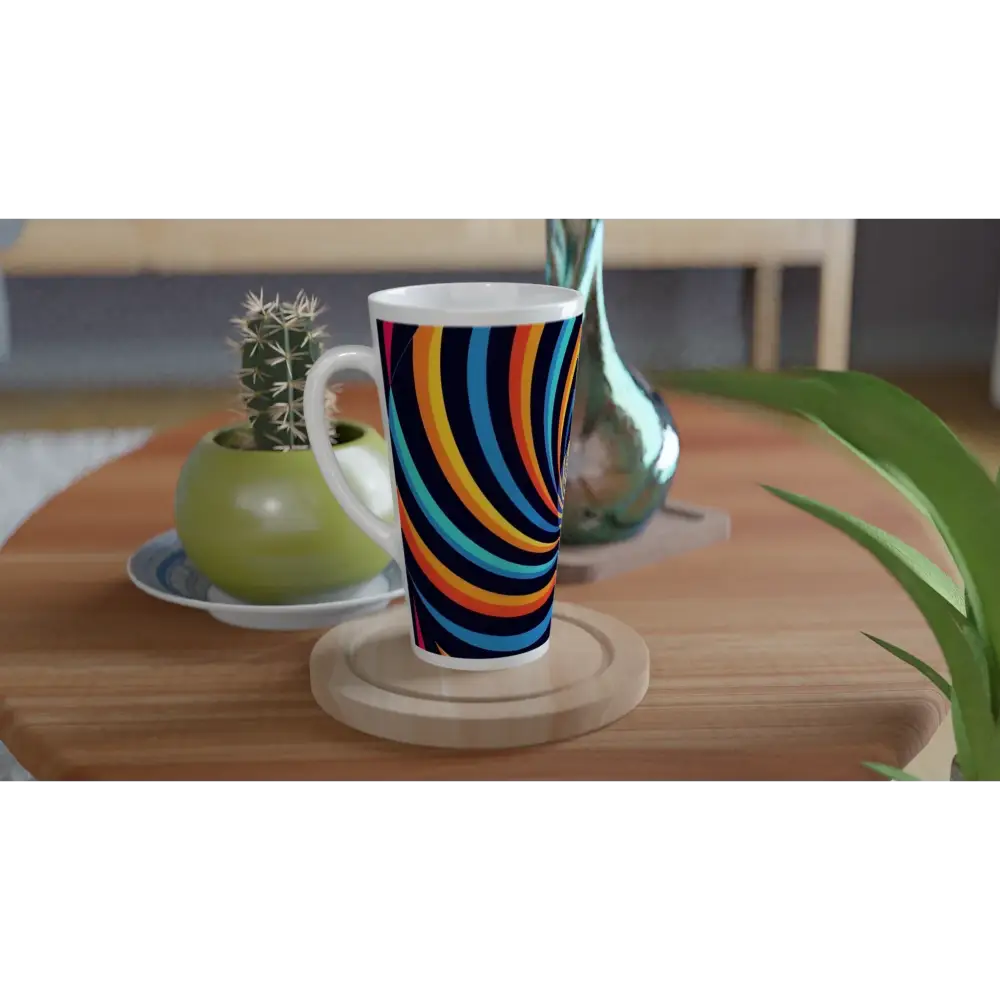 Colorful striped latte mug from PixiOnyx Urban Morning Spirograph Swirl collection